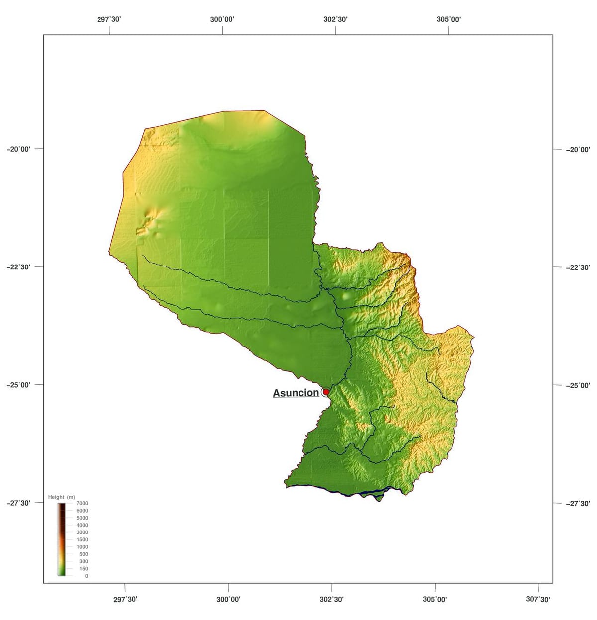 Mapa fizički Paragvaju